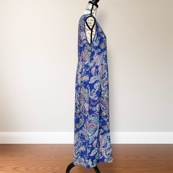 Talbots 16P Blue Paisley Maxi Dress Sleeveless V-Neck Flowy Boho Resort Travel - Picture 3 of 7